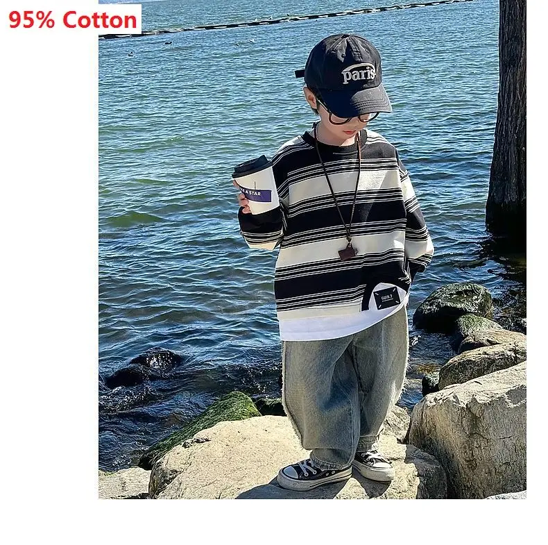 Teens Kids Streetwear Pants Boys Korean Childrens Clothing 2025 Spring New Trousers Straight Cylinder Causal Jeans Elastic Waist