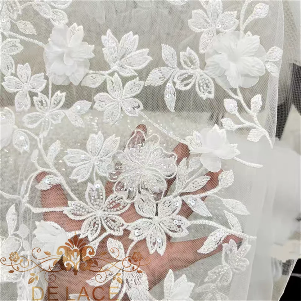 

JZQ Luxury French Bridal Tulle Sequin Wedding Lace Fabric 3D Flower Embroidered Mesh Wedding Dress Beaded Lace