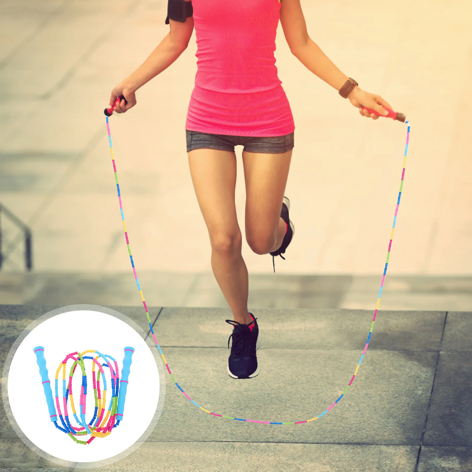 

1Pcs Bamboo Beaded Skipping Rope Adjustable Durable Tpu Handle Outdoor Fitness Jump Rope Fitness Supply Exercise Supply