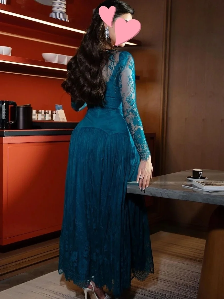 Teal Lace Long Sleeves Bespoke Occasion Gown Evening Dresses Prom Pastrol Unisex Jersey Retro Dubai Saudi Arabic Customized image 5