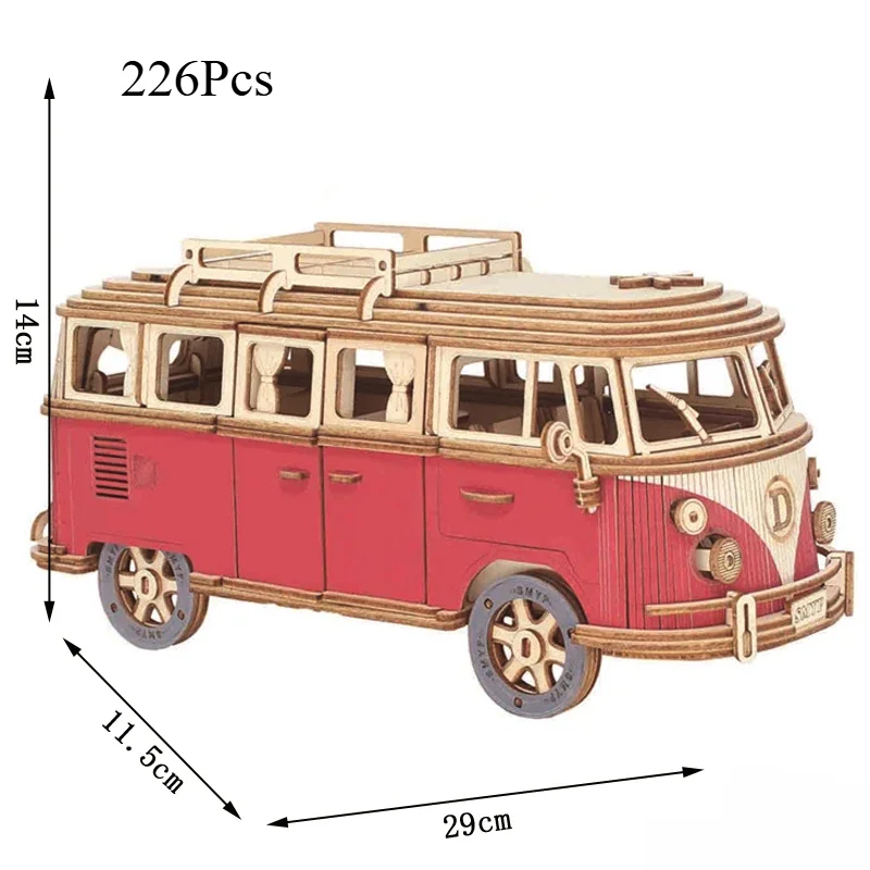 Modèle de camping-car en bois 3D pour enfants, assemblage de voiture rétro bricolage, bureau éducatif, décoration, artisanat, jouets de nuits de construction, 226 pièces