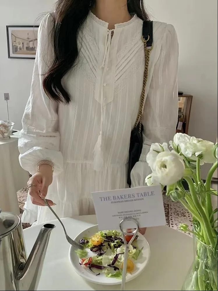 French Style Long Sleeve Midi Dress Women's Loose Princess Style White Cake Skirt Summer Heavy Work Fringe Natural Waist A-Li...