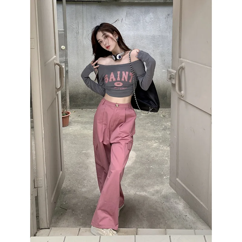 Boweylun Fashion One Shoulder Letter Printed Pleated Stretch Short Long Sleeve T-Shirt Women's Skin-friendly And Breathable