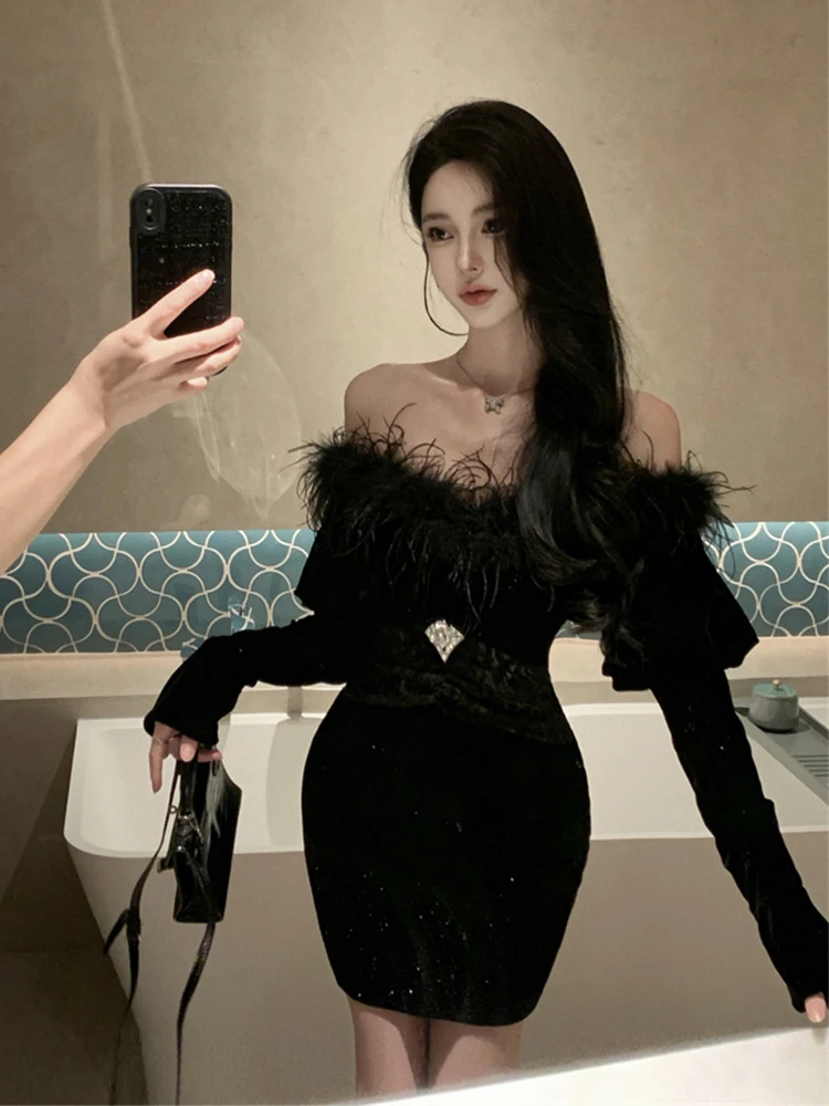 

Черное бархатное платье с перьями страуса в стиле Cisas, женское, модное, с высокой талией, на молнии, с пышными рукавами, облегающее, короткое.