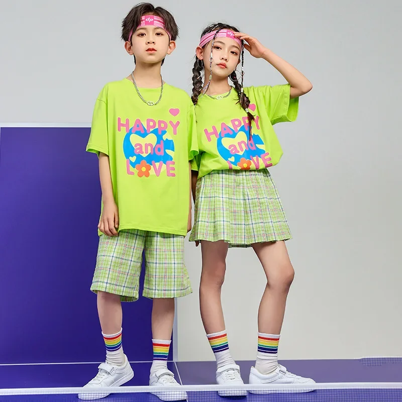 Neue Kinder Jazz Dance Kleidung Mädchen Kurzarm T-shirt Plaid Rock Hip Hop Dance Outfit Kinder Cheerleading Zeigen Kostüme