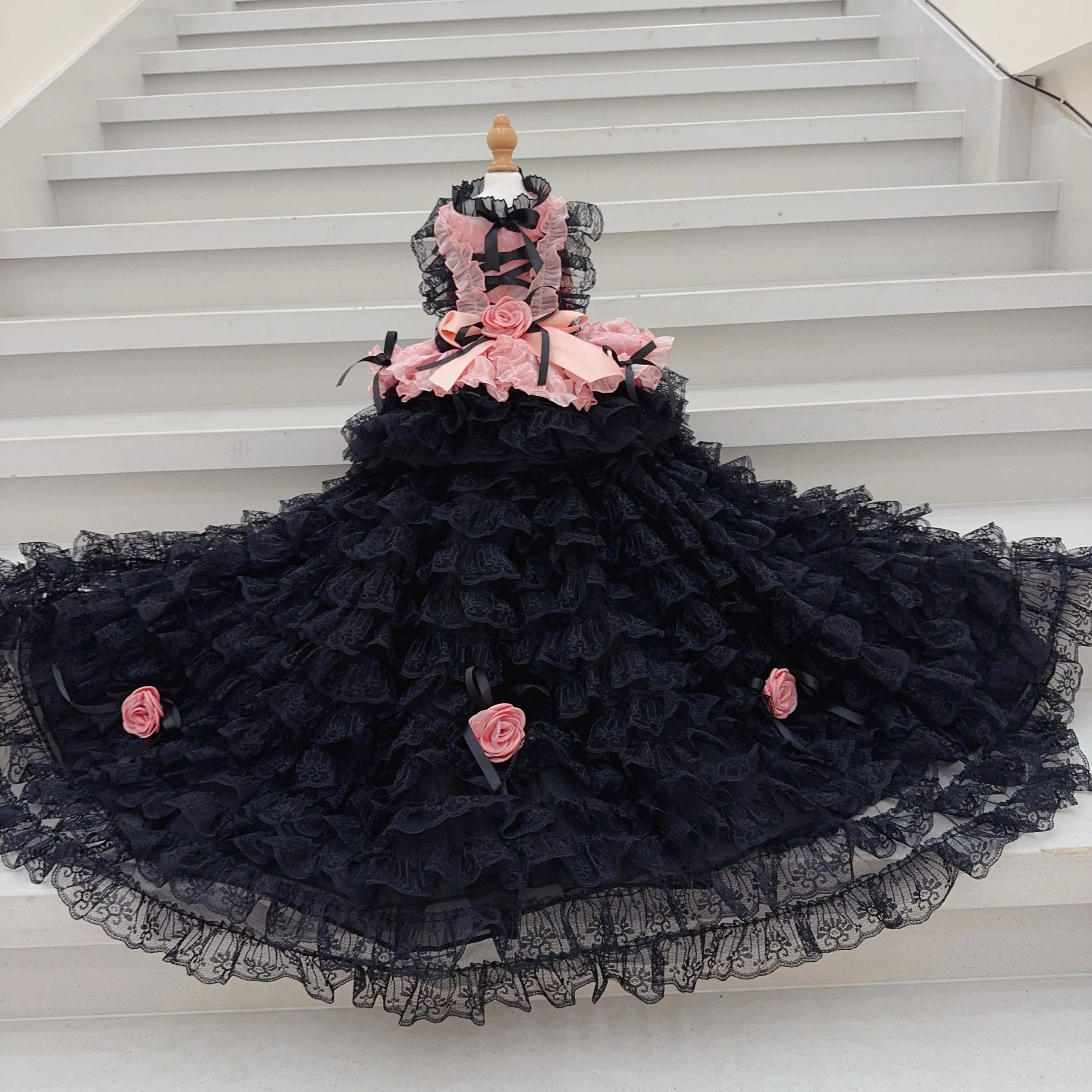 Black Pink Red RoseFlower Puppy Dog Clothing Fine High-end Luxury Pet Clothes Lace Long-Tail Princess Dress For Small Medium Dog