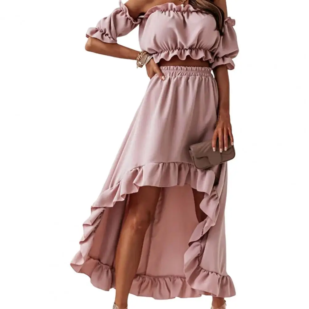 2 Pcs/Set Women Skirt Set Solid Color Ruffle Shoulder-less Breathable Mini Summer Top Set Maxi Dresses Robe Femme for Prom