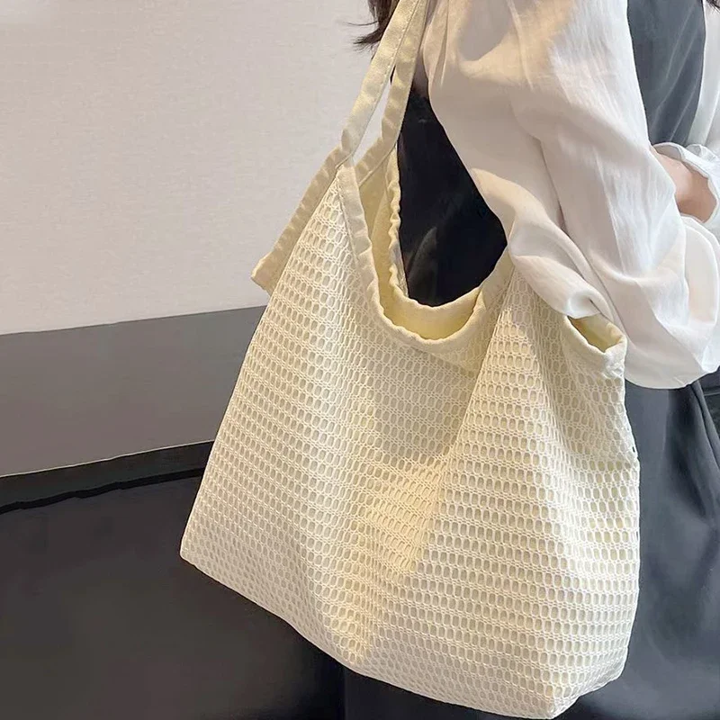 Arts Shoulder Bags for Women New Canvas Bucket Handbags Fashion Knitted Casual Bags Solid Color Brand Beach Shopper Totes 2024