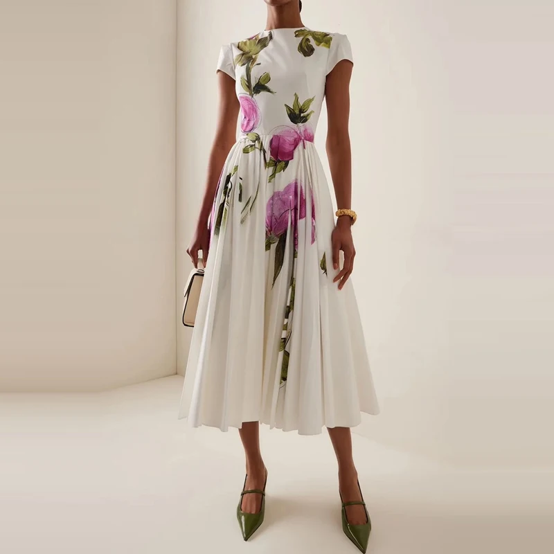 

Summer O-neck Short Sleeved High Waisted Party Dress New 2026 Floral Print Pleated Women's Dress Fashion Pleated Commuting Dress