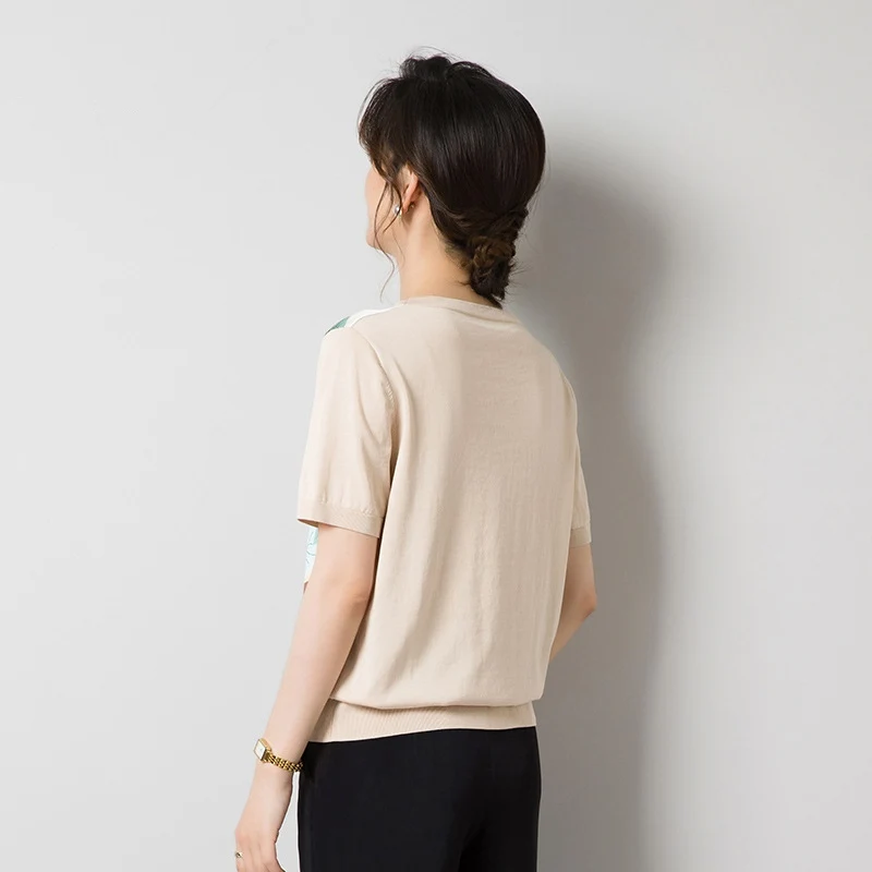 Birdsky, 1PC Donna pullover maglione tee T-shirt top manica corta 90% seta di gelso 10% spandex stampa, S-1042