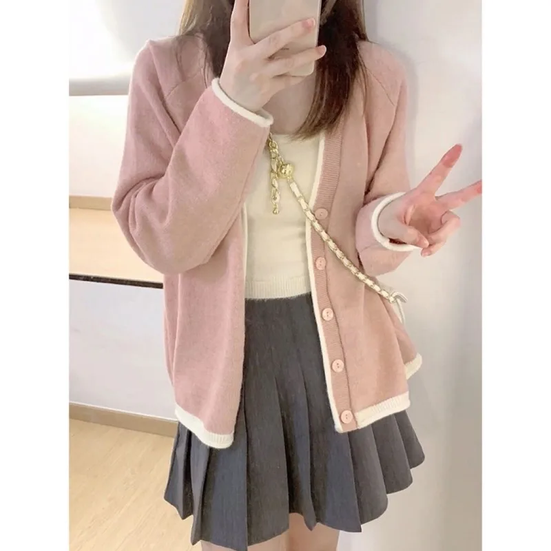 Pink Knitting Cardigan Coat Women Autumn Winter Simplicity Loose Long Sleeve Knitwear Tops Casual All-match Knitting Sweater