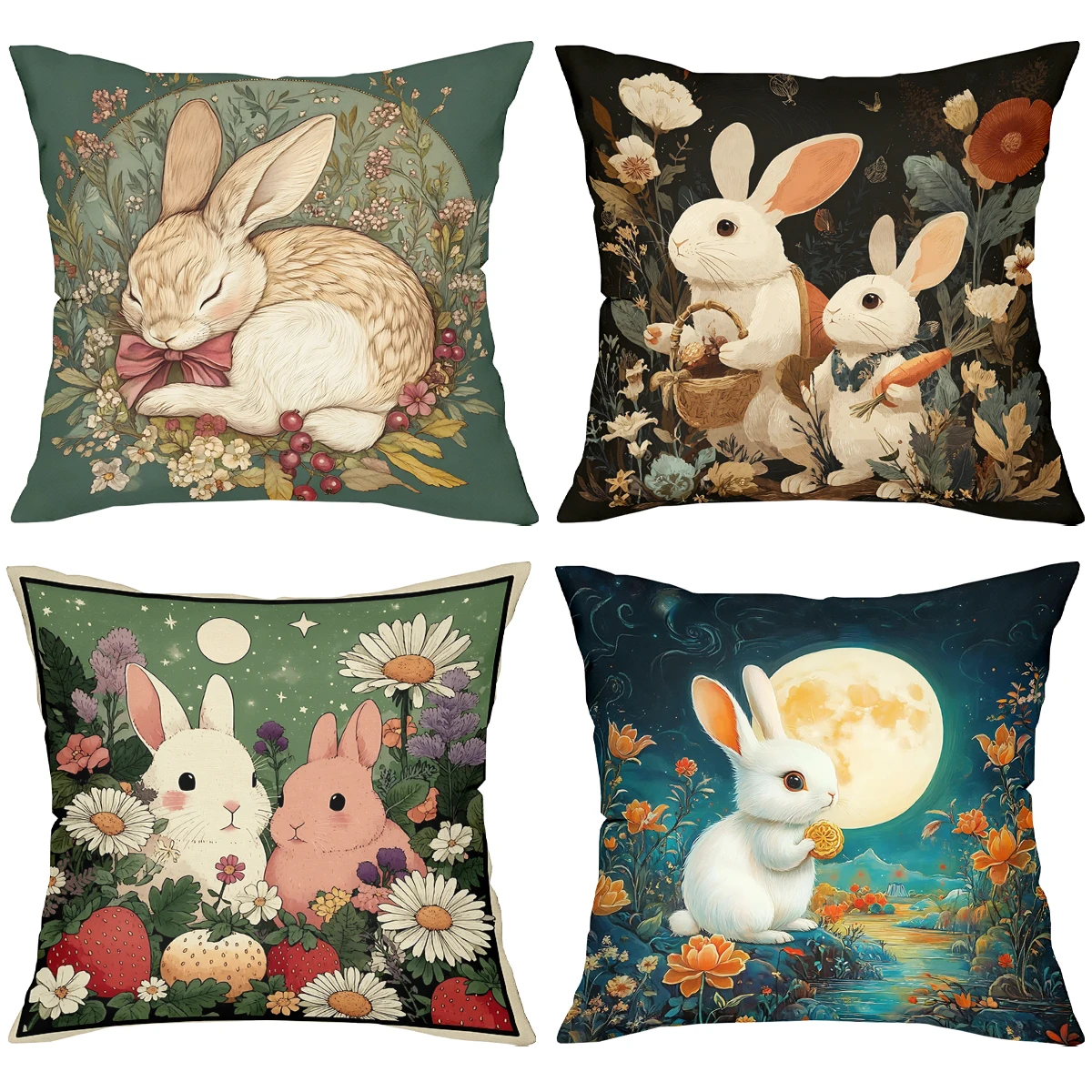 Vintage Cottagecore Rabbit Floral Throw Pillow Covers Pattern Cushion Cover Suitable for Sofa Bedroom Car Pillow Cover