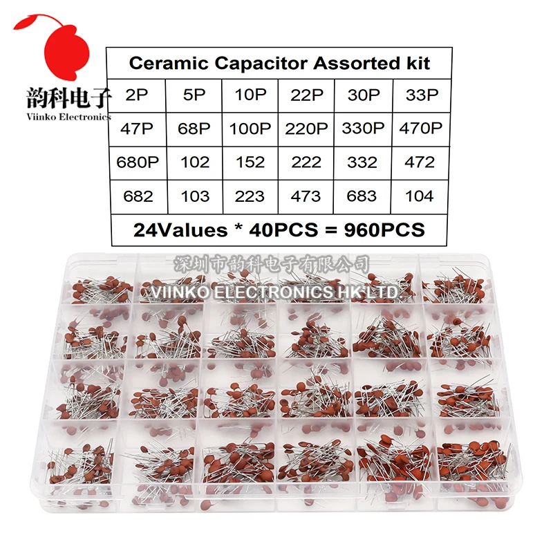 960pcs 24Values*40pcs Ceramic Capacitor Assortment Kit 50V 2pF - 0.1uF Capacitance Set DIY Pack