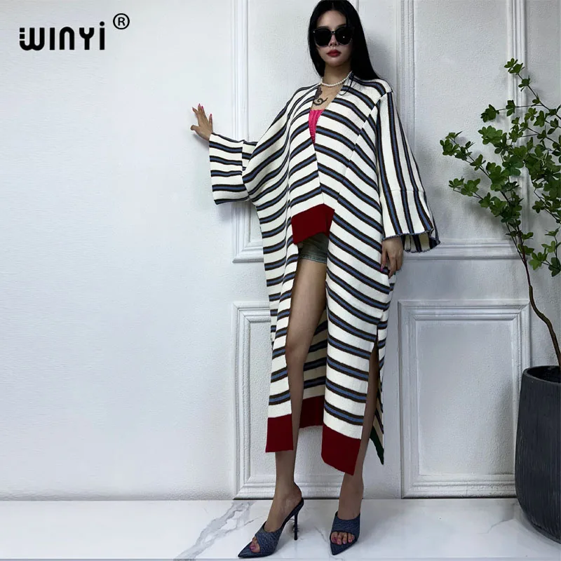 

WINYI winter coat dress for women OverCoat Thick Warm long down coat Stripe printing cardigan Middle East winter abaya kaftan