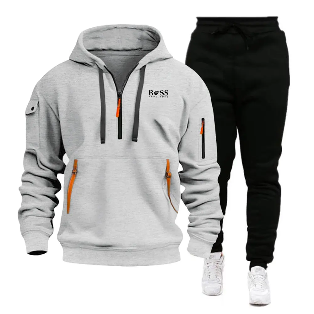 Autumn and winter fashion solid color zipper hoodie with black pants and stand collar design suitable for sports and casual