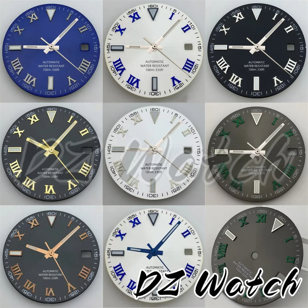 DZ 29mm Sunray Pattern Roman Sterile Dial + Hands Silver/Gold/Blue/Rose Gold Markers Green Luminous Suitable For NH35 Movement