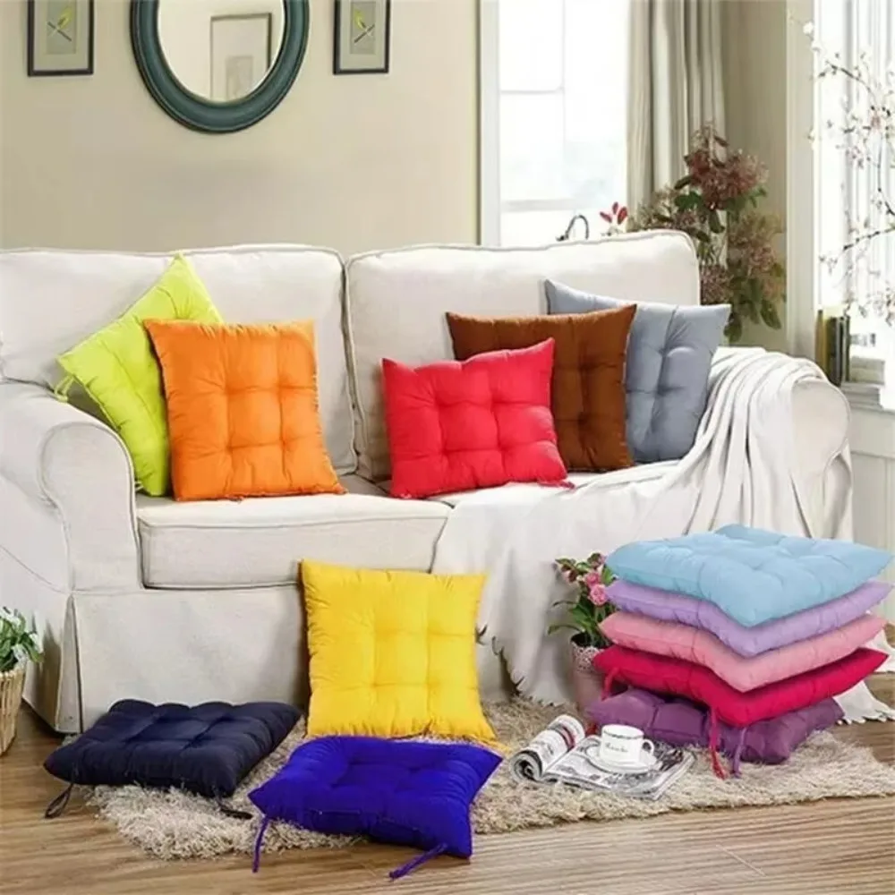 2024 New Solid Color Thickened Lace-up Chair Cushion Square Milled Upholstery Cushion Office Home or Car 40x40cm Sofa Decoration