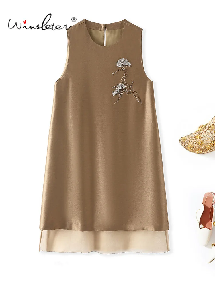 Winsleter-47%Silk 53%Wool Elegant Vest Dress, O Neck Sequined Patchwork, Women Retro Party Chic Dresses, 2026 Autumn D69142CC