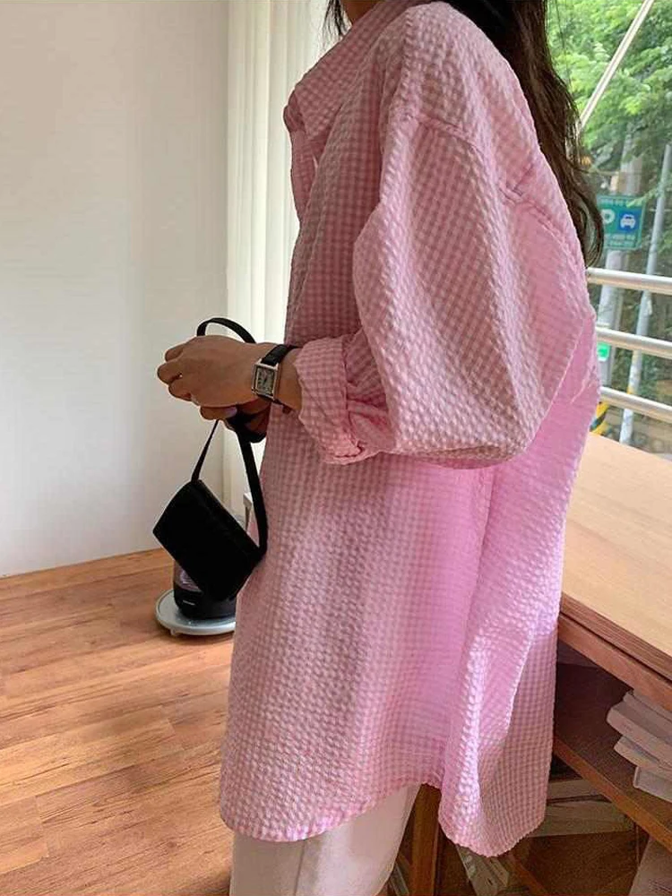 

Zadily 2025 Summer Casual Loose Women Plaid Shirt Korea Style Button Up Long Sleeve Cardigan Turn Down Collar Female Clothing