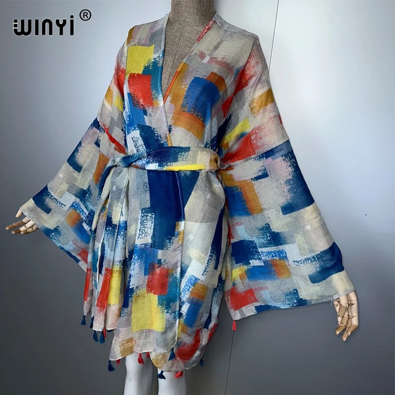 WINYI アフリカファッション 着物風ビーチウェア レディース 夏 ビーチカバーアップ カーディガン ステッチ セルフベルト ホリデー 長袖 プリントコート