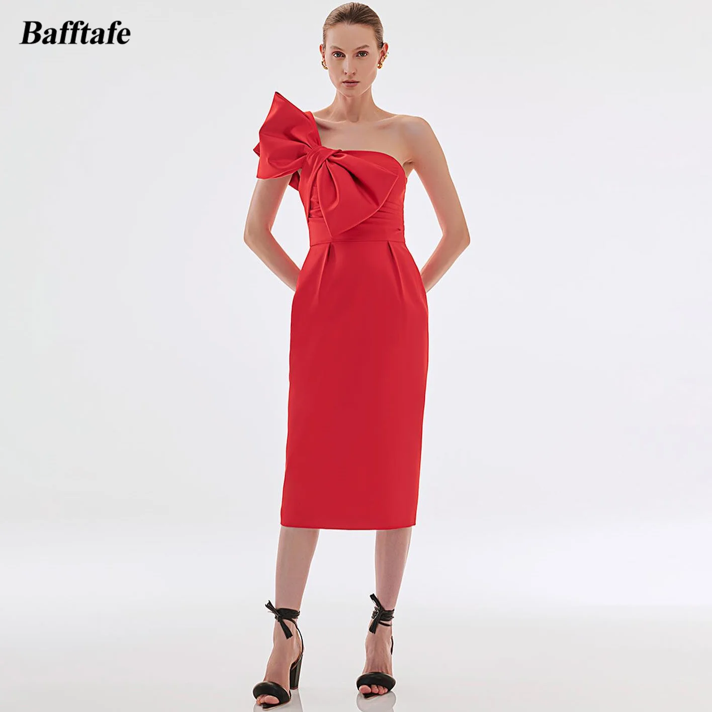 Bafftafe-Vestidos de Noche de satén mate para mujer, vestido Formal de un hombro con lazo para fiesta de graduación, longitud hasta el tobillo, Color Rojo