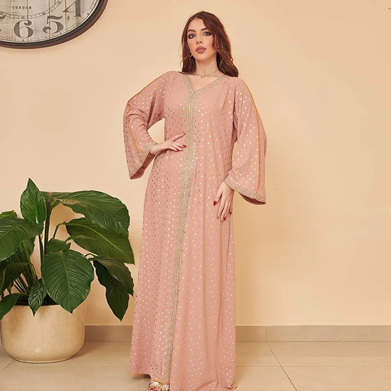 Jalabiya Kaftan Dress For Women Dubai Turkey Golden Ribbon Trim Loose Muslim Arabic Islamic Clothing Party Robe Moroccan Dress