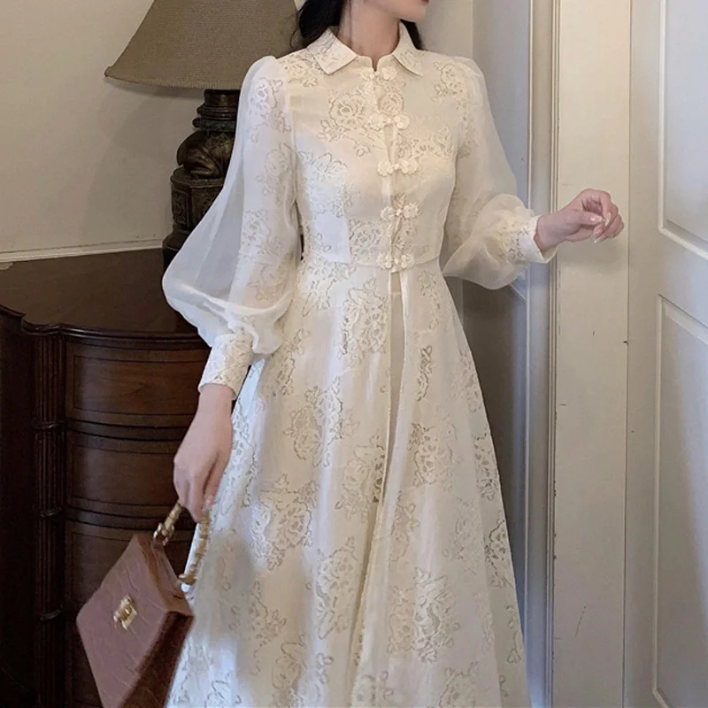 Two Piece Set Women\'s Clothing Chinese Style Vintage Mesh Lace Elegant Party Dresses Slim Long Sleeve Chic Fairy Midi Dress Robe