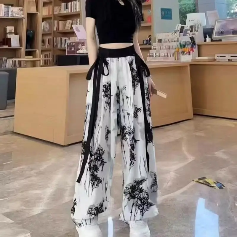 Summer Women\'s Set Korean Loose Folding True Two Piece T-shirt+Ink Painting Thin Wide Leg Pants Two Piece Set Trendy