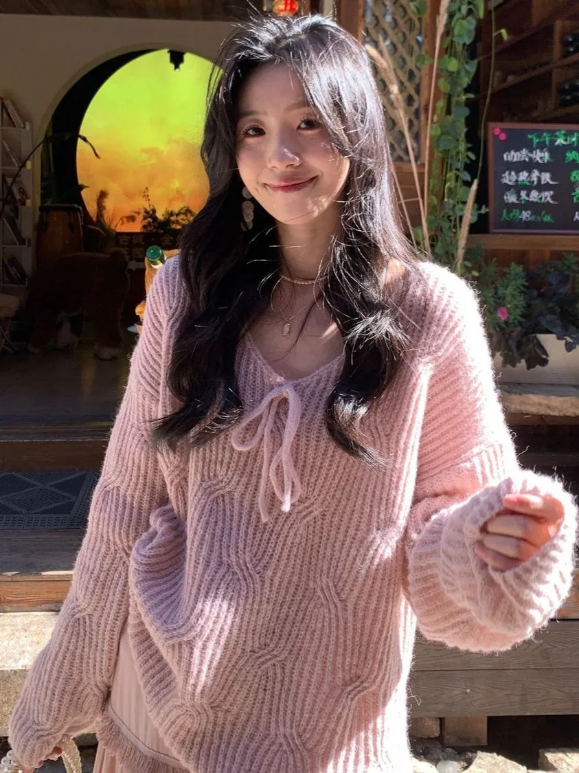 

Chic Long Sve Knitted Sweater And Skirt Set for Women Beautiful Unique Pink Two Piece Autumn Faion Ensemble Lazy Gentle ...