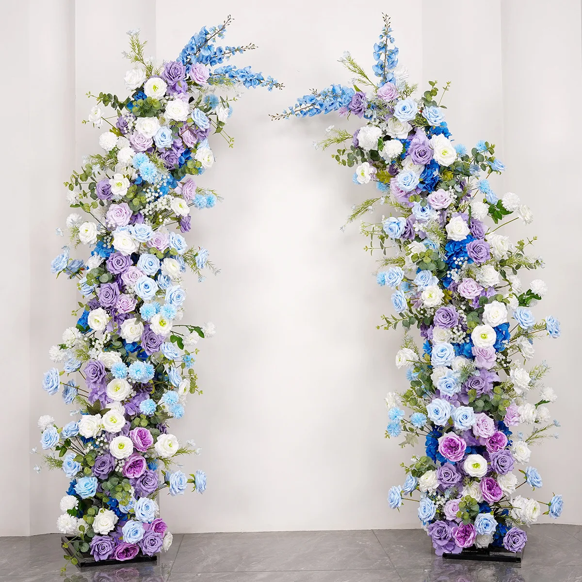 

Outdoor Wedding Backdrop Arch Decor Purple Blue Rose Delphinium Green Leaf Flower Row Arrangement Aisle Floor Floral Props