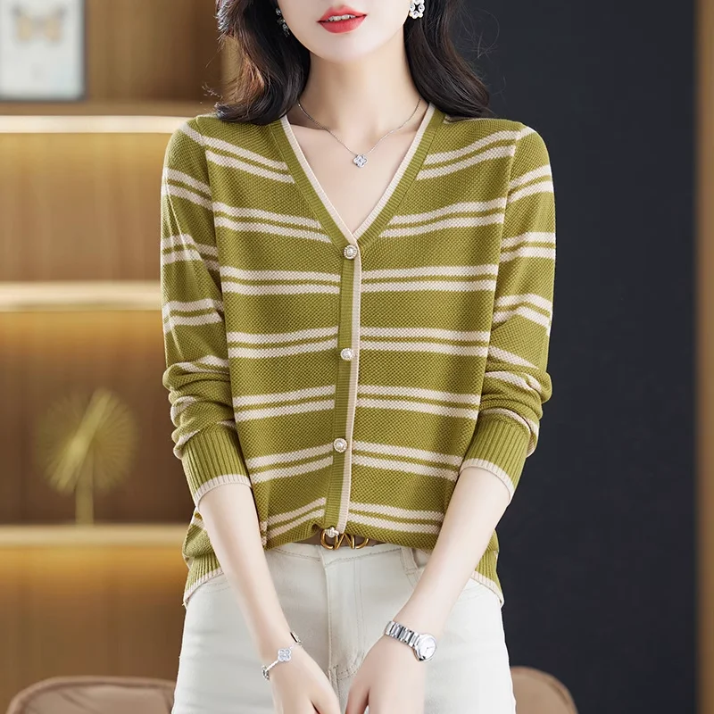 Autumn Winter Striped Fashion Long Sleeve Cardigans Sweater Korean New Fashion V-neck Loose Casual Versatile Women Knitted Tops