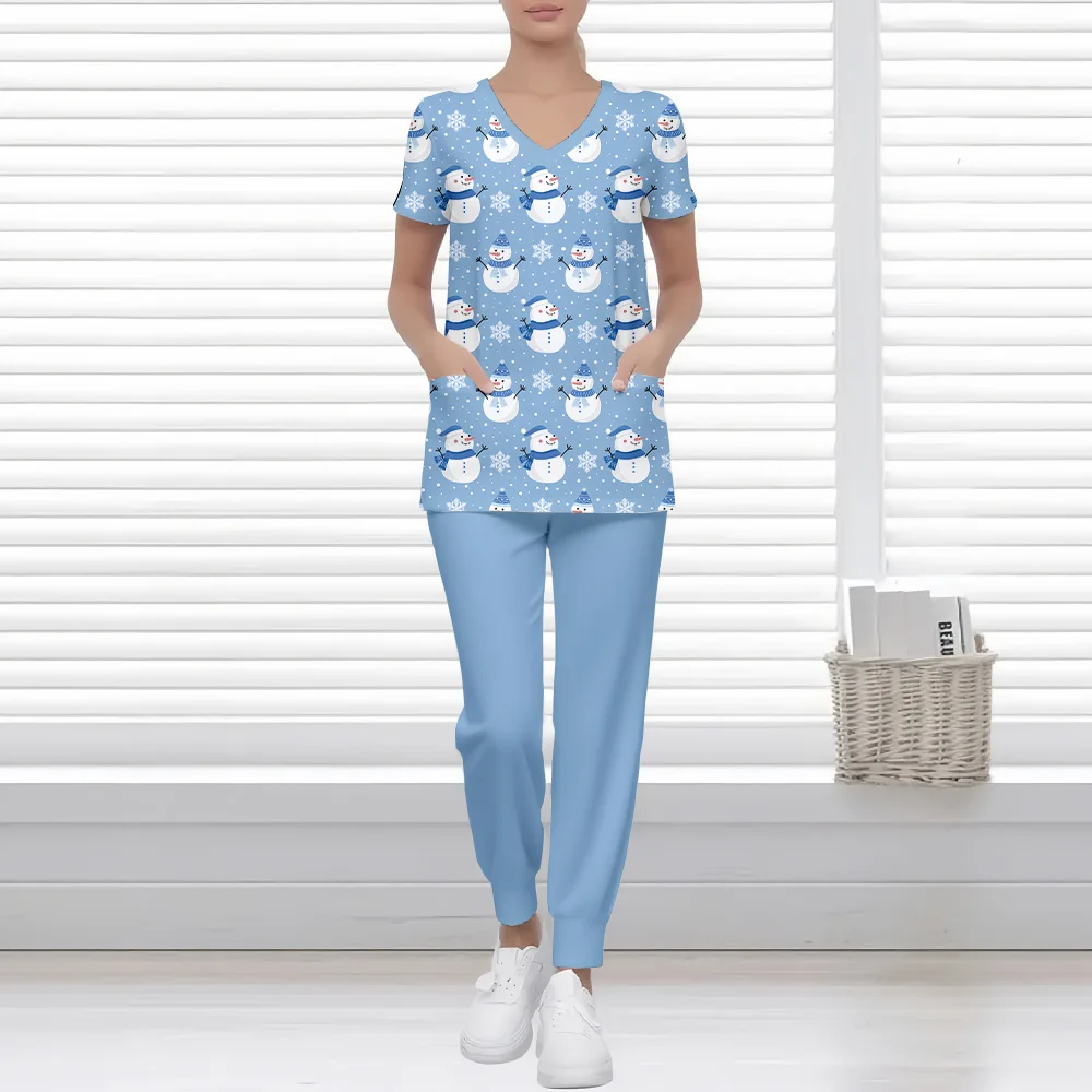 ชุดแพทย์สตรีคริสต์มาสสโนว์แมนรูปแบบพิมพ์ชุดทันตแพทย์ชุดแฟชั่นชุดผ่าตัดผู้หญิงแขนสั้นชุด