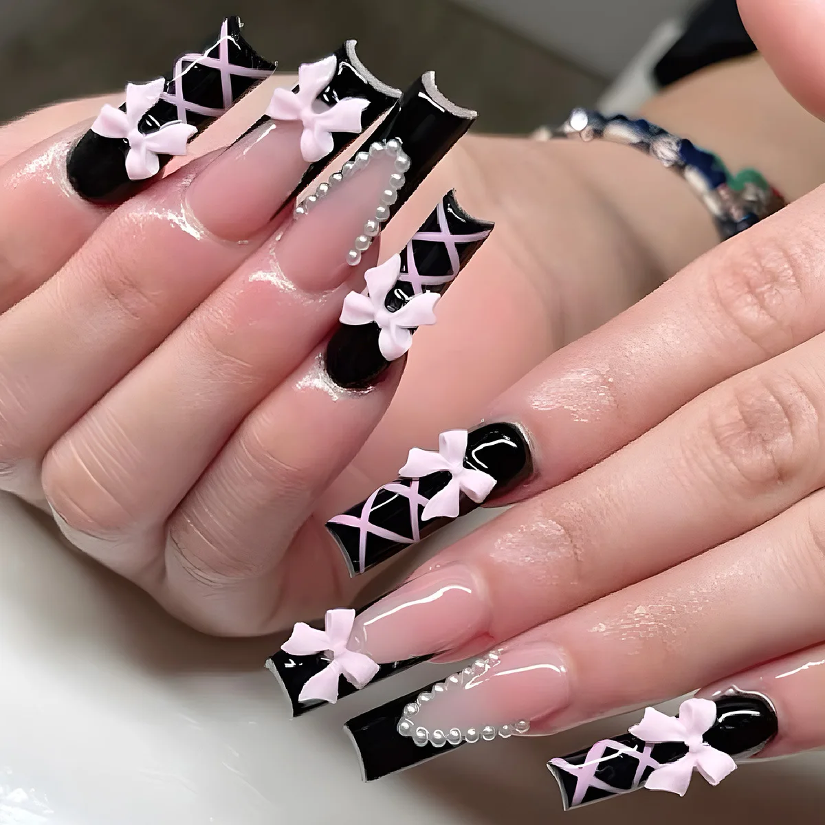

24pcs Press on Nails Black French Bow Knot Pearl Full Coverage Nail Tips for Women&Girl Removable Wearable Nail Daily Wear