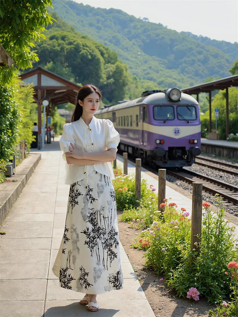 

Chinese Style Midi Skirts Womens Chiffon Layered Pleated Ruffle Hem Elastic Waist Flare Artistic Minimalist Summer Feminina