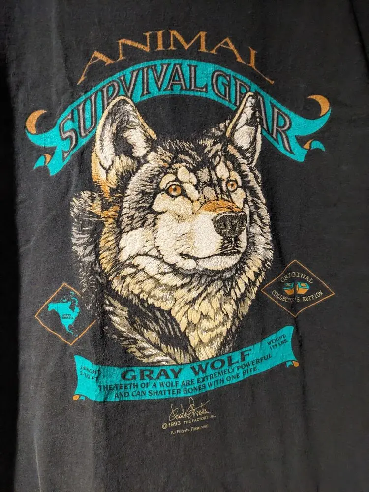 Vintage 1993 Gray Wolf Animal Nature Wildlife Black Large T-Shirt