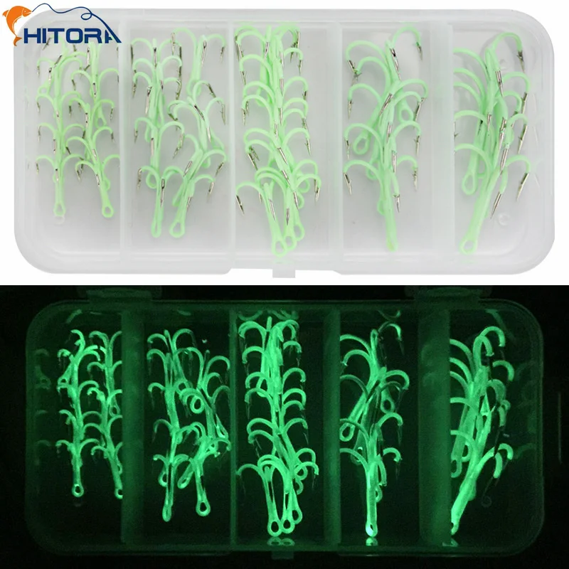 40pcs High Carbon Steel Luminous Treble Fishing Hooks 2# 4# 6# 8# 10# Bent Triple Fishhooks Set Anchor Hooks For Sea Fishing