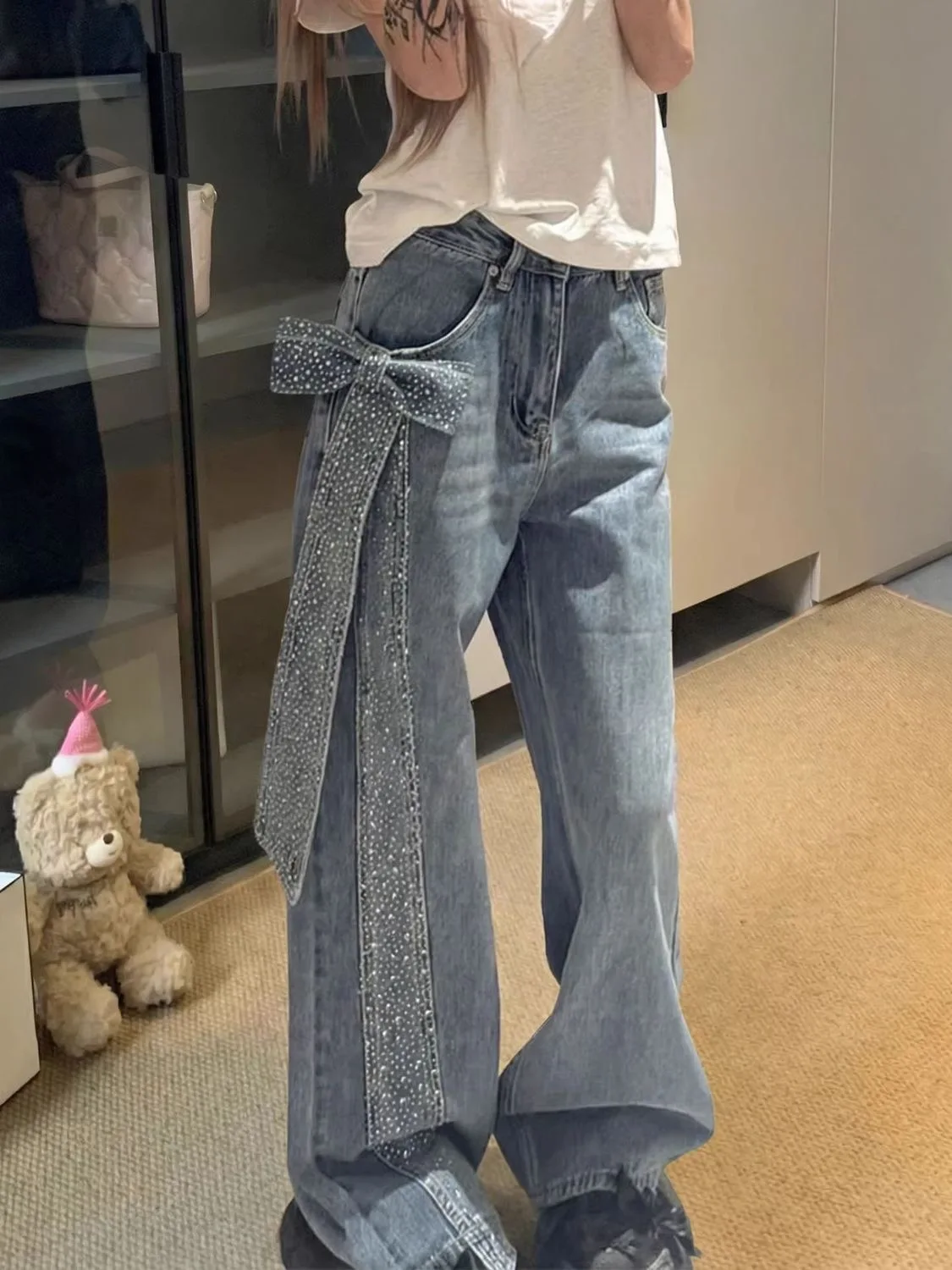 

Джинсы женские широкие в американском ретро-стиле с узлами и стразами, больших размеров, для уличного стиля, Hot Girl Jeans