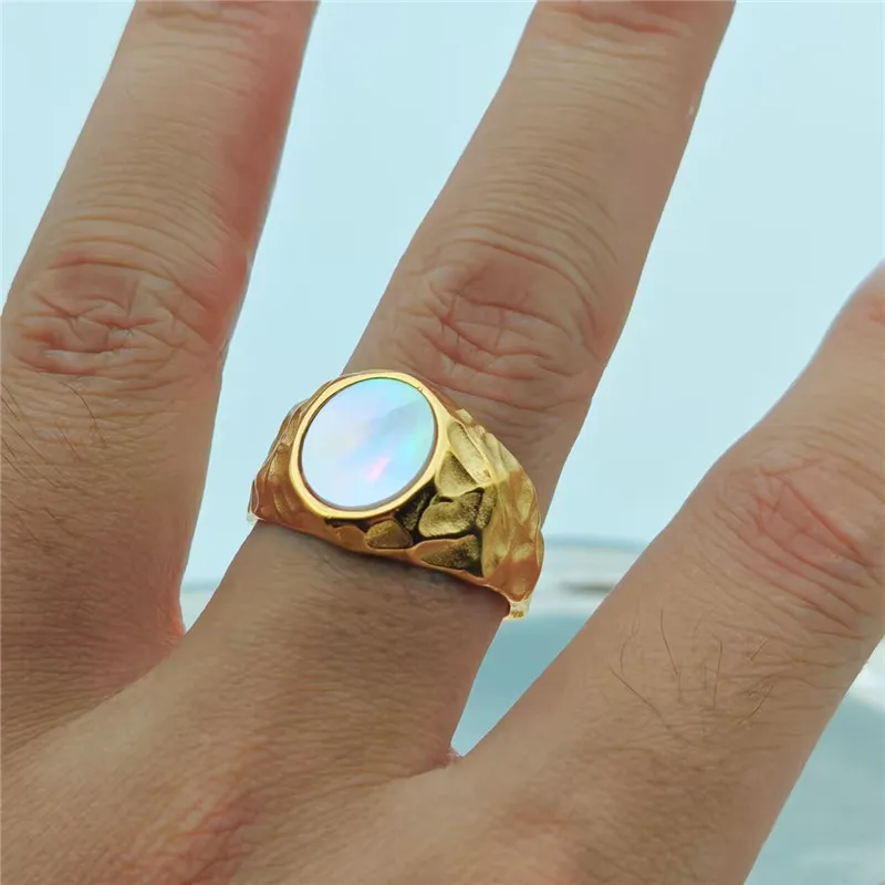 Pearl Stone Ring 316L Stainelss Steel Jewelry Punk Style Men Women Band Pary Ring Size 6-12
