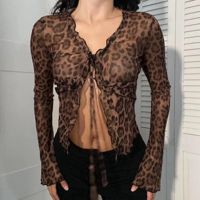 CIBBAR y2k Sexy Mesh Crop Top Vintage 2000s Leopard Print Ruffles Patchwork Bandage Cardigan T-shirts Women Transparent Club Tee