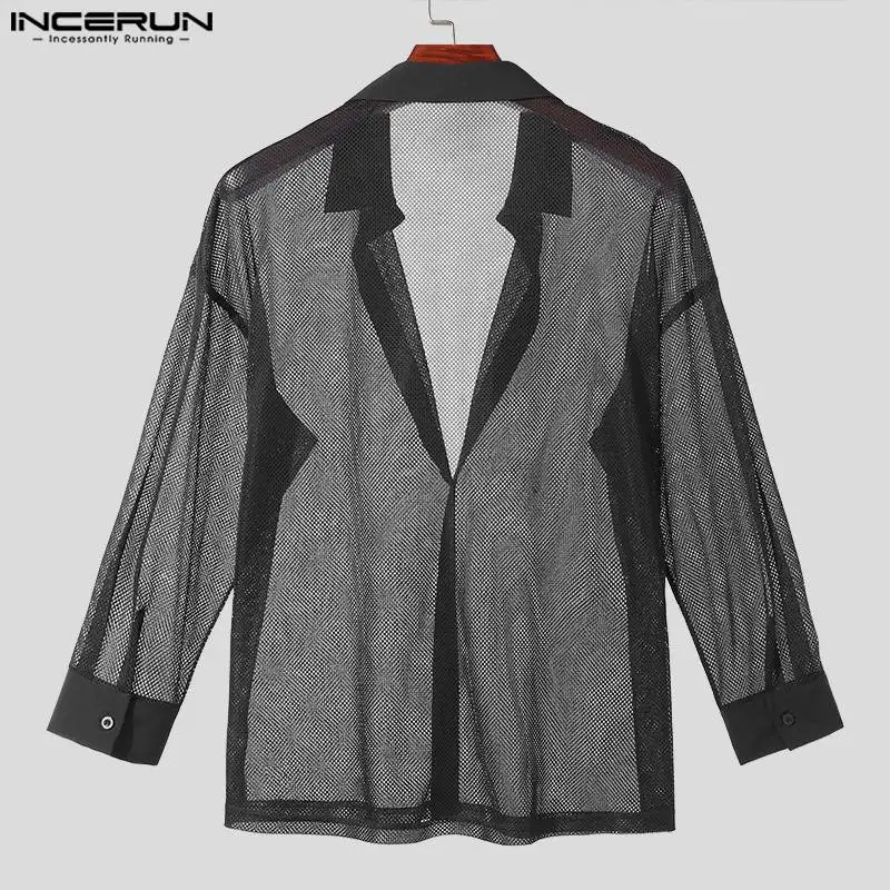 INCERUN 2024 Men Shirt Mesh Transparent Solid Color V Neck Long Sleeve Men Clothing Streetwear Sexy Loose Fashion Shirts S-5XL