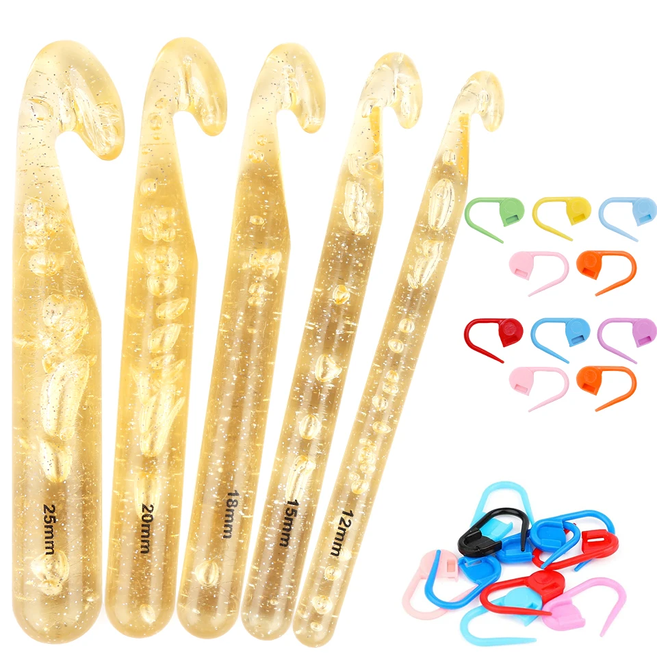 Large Size Crochet Hook Set Transparent Handle Knitting Needles DIY Craft Weave Sewing Tools with Plastic Stitching Marker