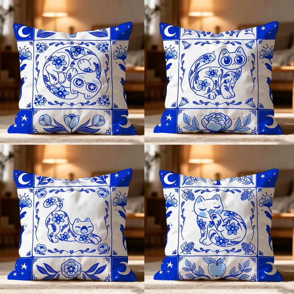 Blue And White Porcelain Cat Cushion Cover Cushion Cover Soft Washable Pillow Case Multi-Scene For Couch Bed Travel Office Use