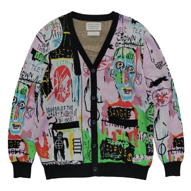 معطف كلاسيكي مطبوع عليه جرافيتي للرجال والنساء سترات يابانية برقبة على شكل حرف V فضفاضة غير رسمية محبوكة ملابس كبيرة الحجم