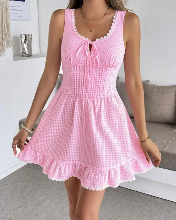 Womens Dresses 2026 New Spring Summer Solid Color Sweet Girl Lace Bow Strap Strap U-Neck Sleeveless Slim Daily Mini Dress