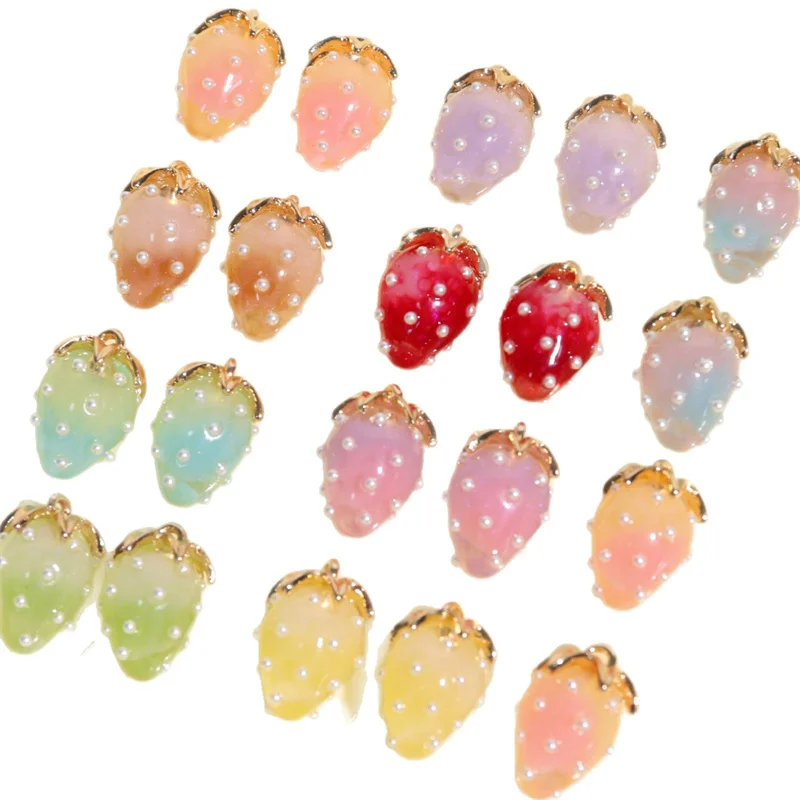 卸売-20-ピース-ロットカラーパターンプリント漫画イチゴ形状樹脂ビーズと合金キャップ-diy-ジュエリー衣服アクセサリー