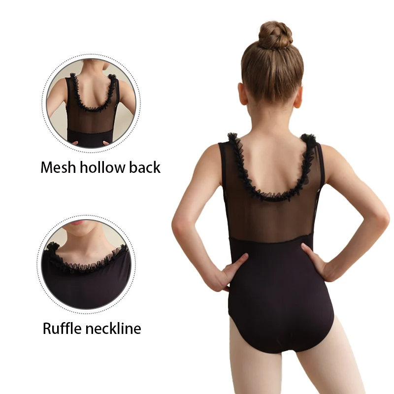 Leotardo de Ballet para niñas, mono de baile con escote con volantes, trajes de Ballet empalmados de malla suave con forro frontal completo y espalda hueca