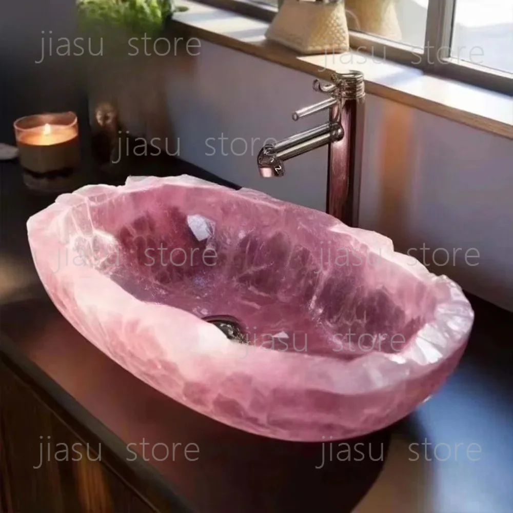 Handmade Luxury Natural Rose Quartz Sink Decorative Stone Wash Basin Luxury Bathroom Countertop Vessel Basin