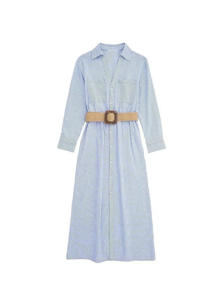 

Women's Elegant Rolled Sleeve Blue Striped Shirt Dress Single Breasted Lapel With Belt High Waist Long Sleeve Dresses