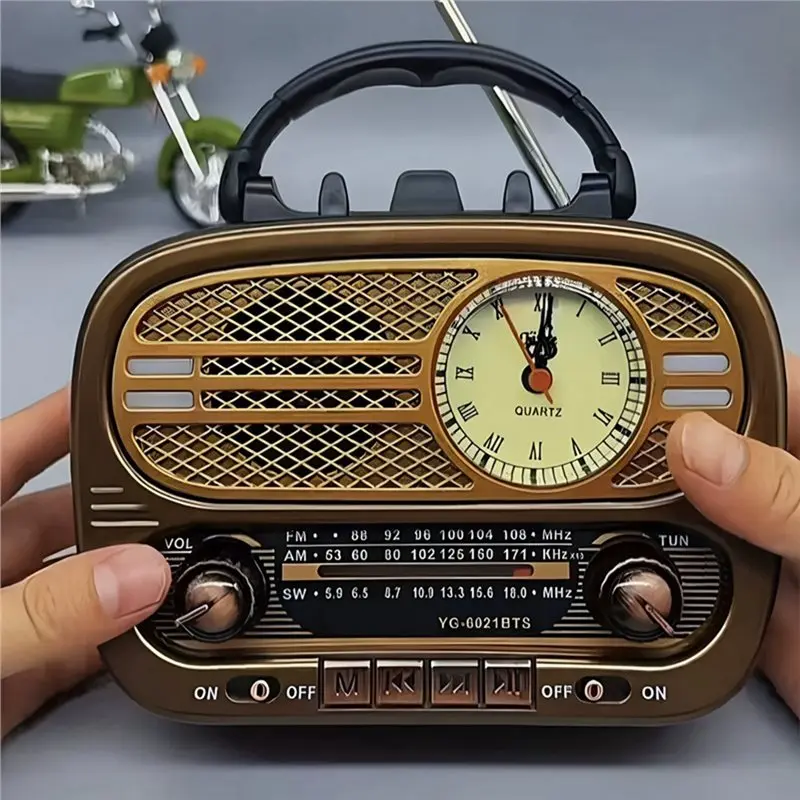 AT12 Full Band FM AM SW Radio Portable Classic Vintage Radio Retro Pointer Clock Bluetooth Speaker TF USB Music Player