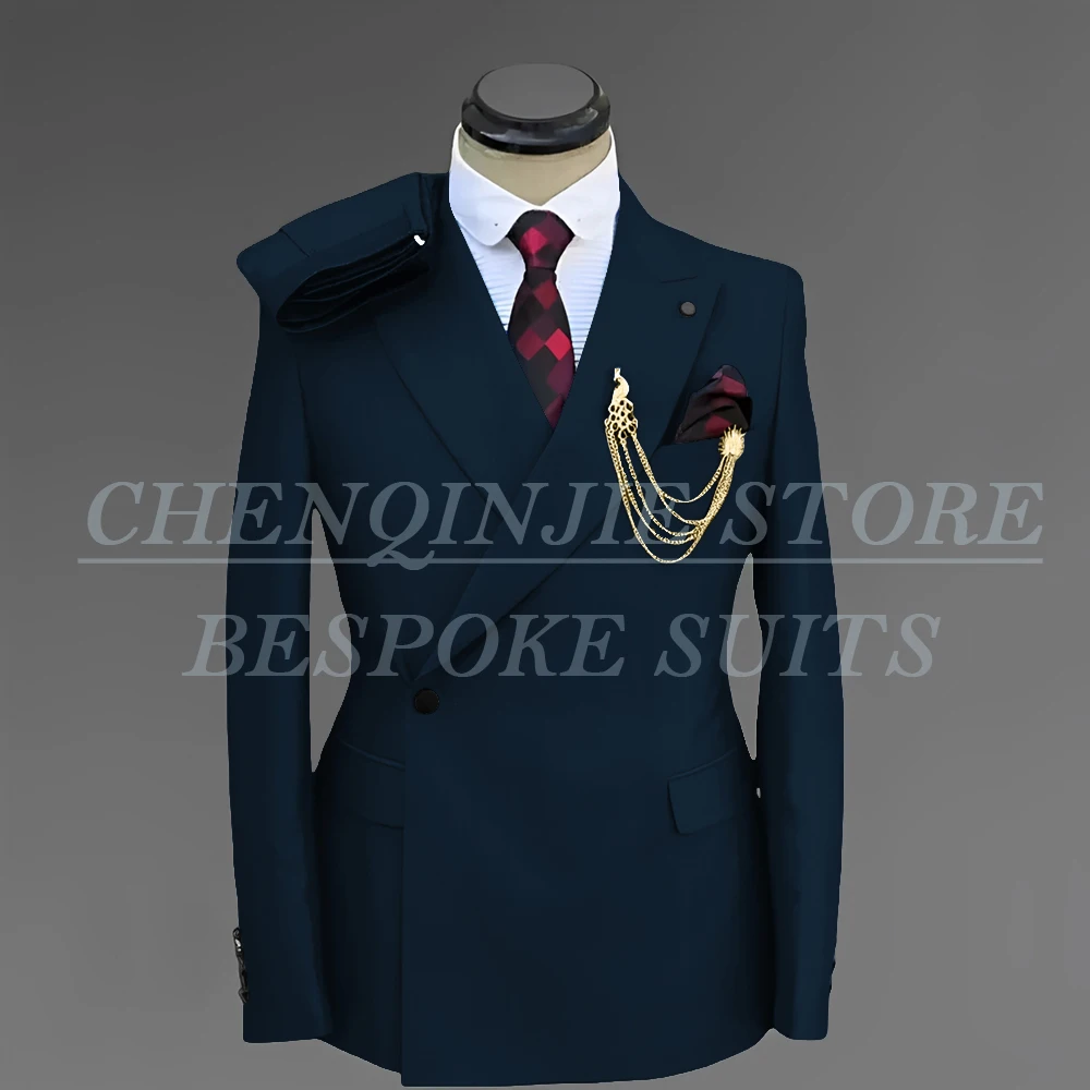 Men Suit 2025 Single Breasted Spring Jacket Pants Peaked Lapel Elegant Blue Tuxedo For Wedding Groomsmen Slim Fit Costume Homme